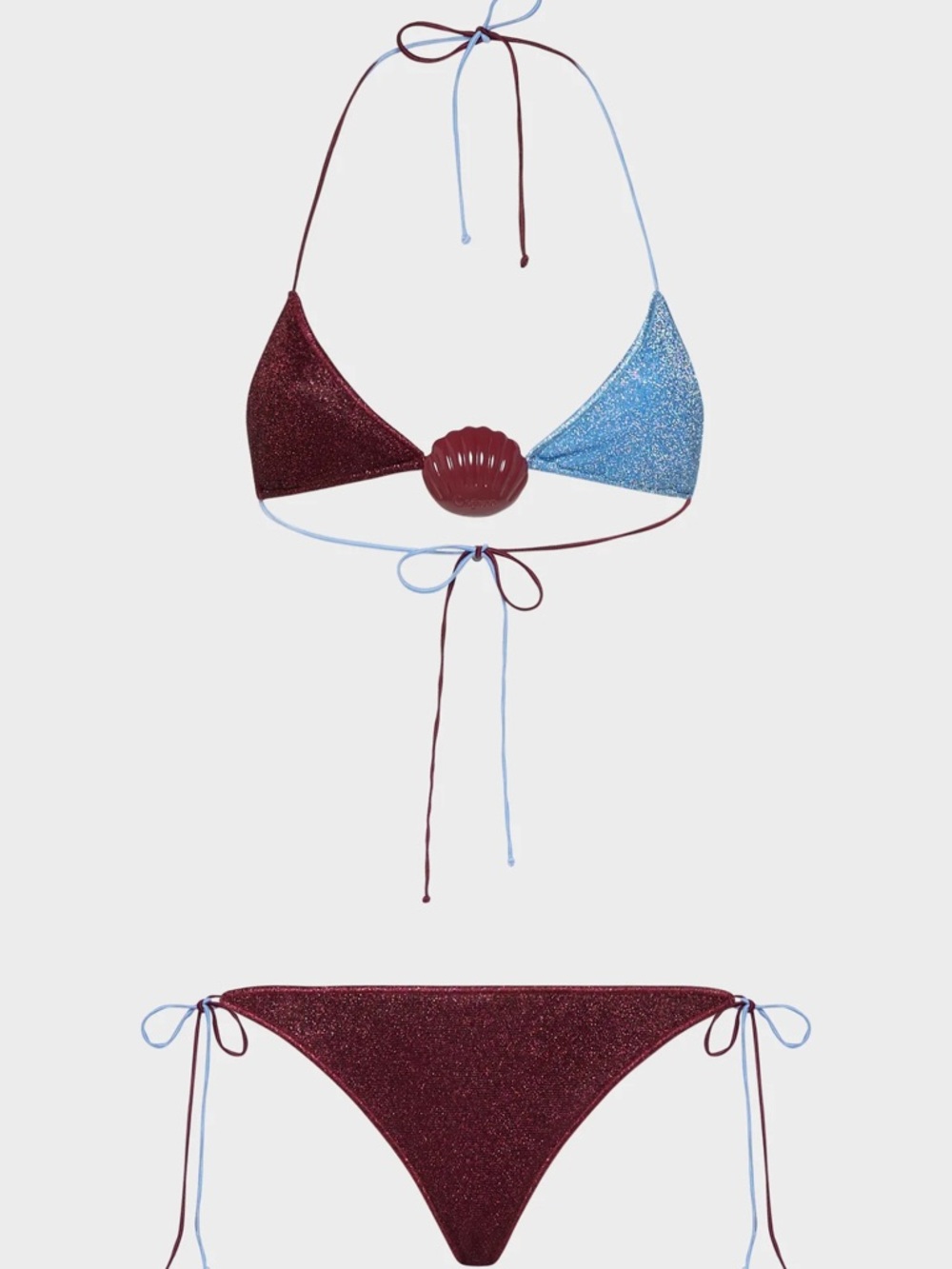Oseree Two-Tone Glitter Triangle Bikini in Burgundy and Light Blue